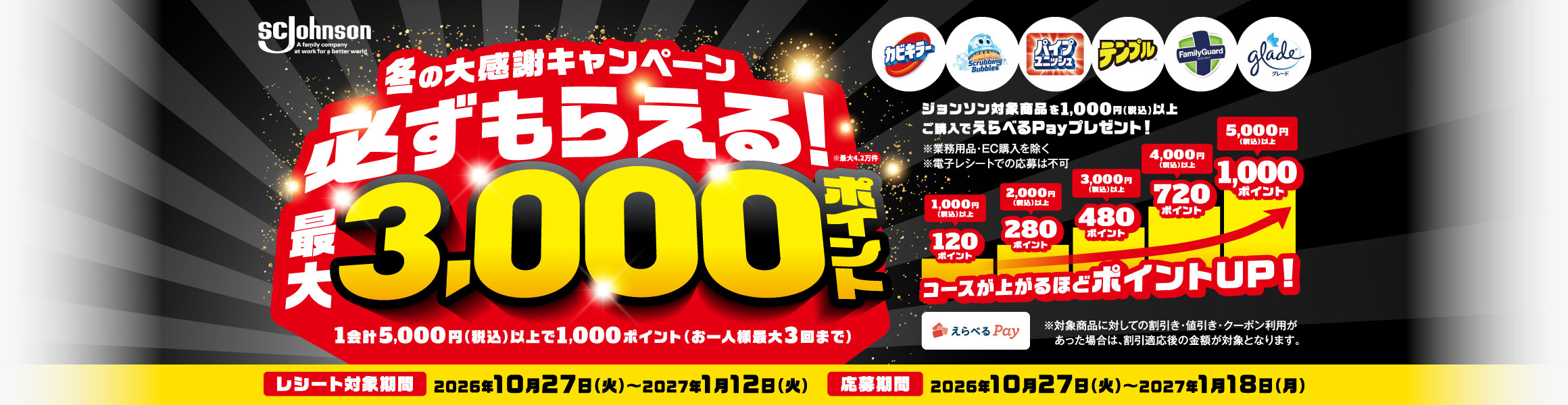 �~�̑労�ӃL�����y�[�� �K�����炦��I�ő�3,000�|�C���g �W�����\���Ώۏ��i��1,000�~�i�ō��j�ȏゲ�w���ł���ׂ�Pay�v���[���g�I 1��v5,000�~�i�ō��j�ȏ��1,000�|�C���g�i����l�l�ő�3��܂Łj ���Ώۏ��i�ɑ΂��Ă̊������E�l�����E�N�[�|�����p���������ꍇ�́A�����K����̋��z���ΏۂƂȂ�܂��B ���V�[�g�Ώۊ��� 2026�N10��27���i�΁j�`2027�N1��12���i�΁j ������� 2026�N10��27���i�΁j�`2027�N1��18���i���j