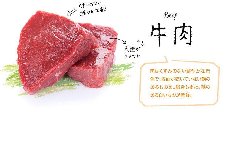 牛肉　肉はくすみのない鮮やかな赤色で、表面が乾いていない艶のあるものを。脂身もまた、艶のある白いものが新鮮。